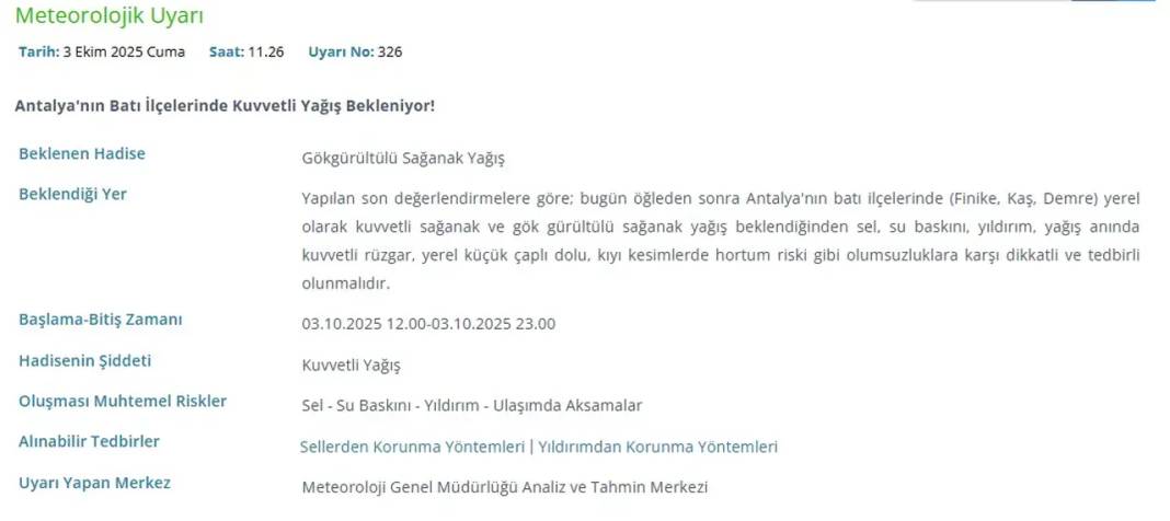 Antalya’da Kuvvetli Yağış Alarmı 2